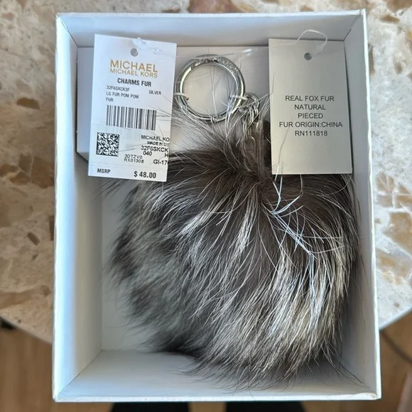 Real silver and black fox fur Michael Kors bag charm in gift box - Picture 1 of 5